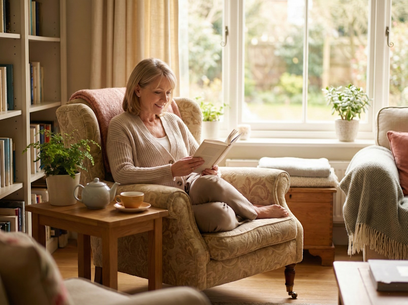 Hölgy kényelmesen olvas otthon, lábait pihentetve