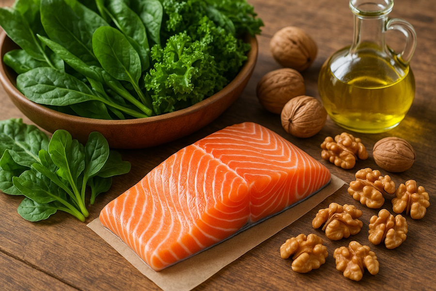 Lazac, olívaolaj és zöldségek az asztalon